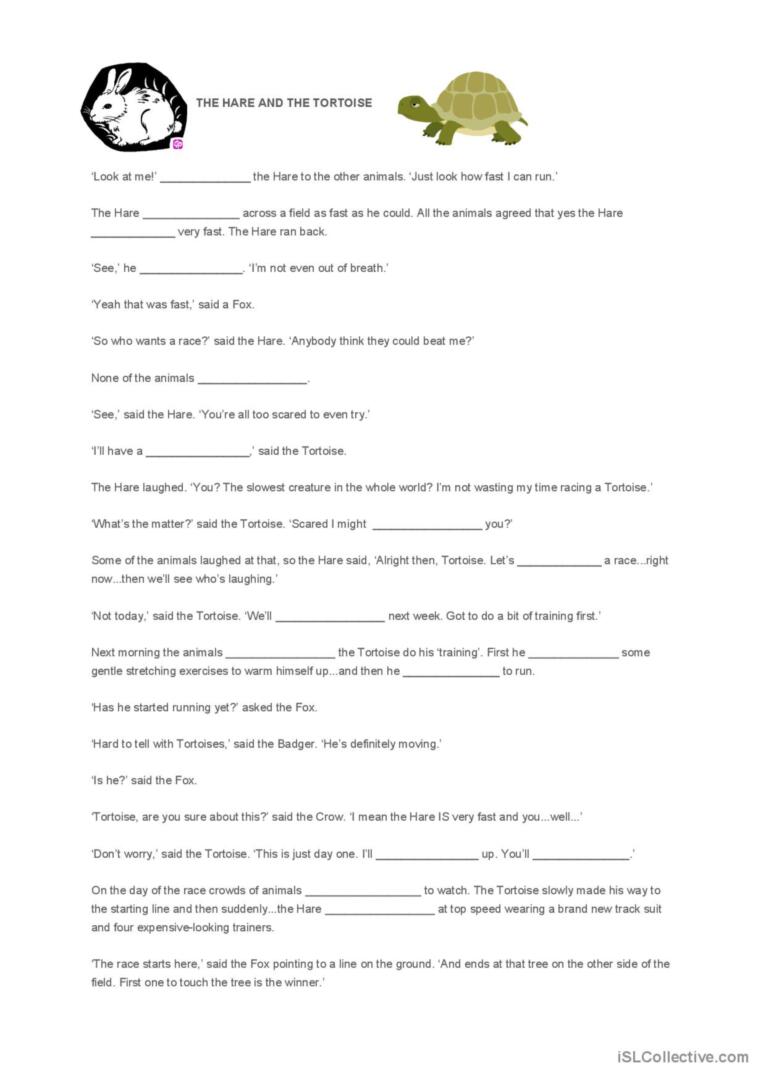 The hare and the tortoisâ glish esl worksheets pdf doc
