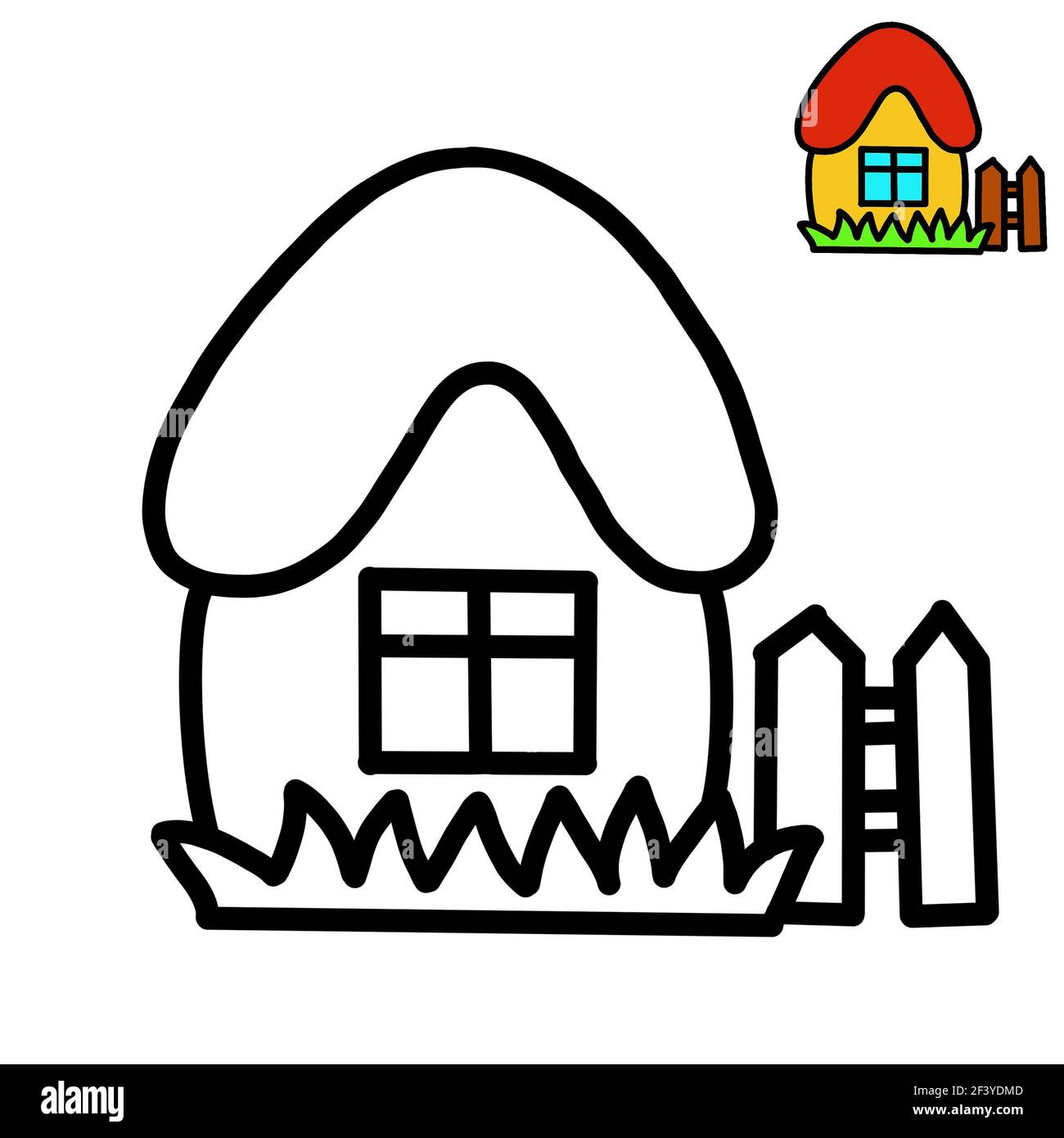 A coloring page for kids with a thick outline and a sample of how to color a house stock photo