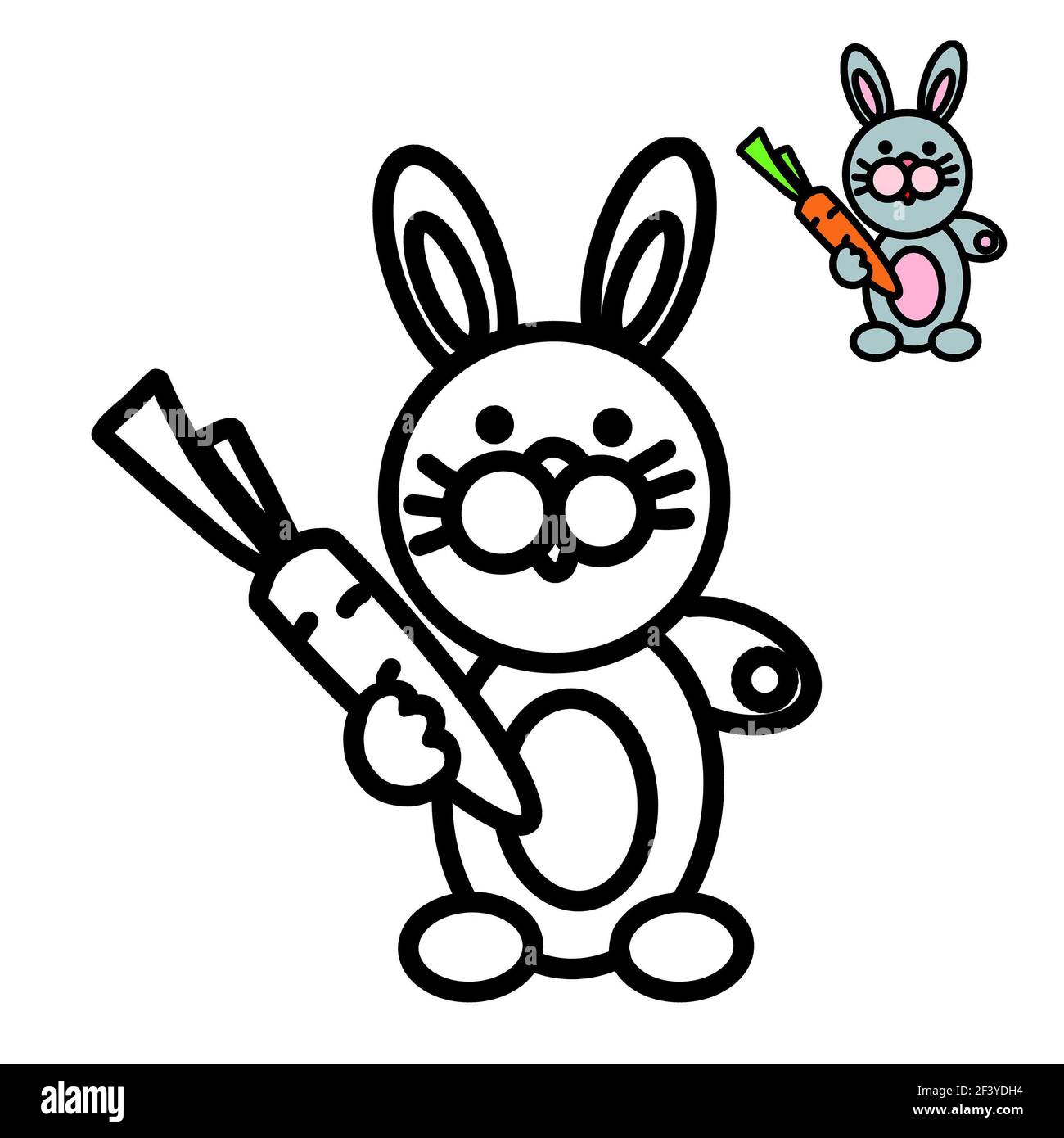 A coloring page for kids with a thick outline and a sample of how to color a rabbit holding a carrot stock photo