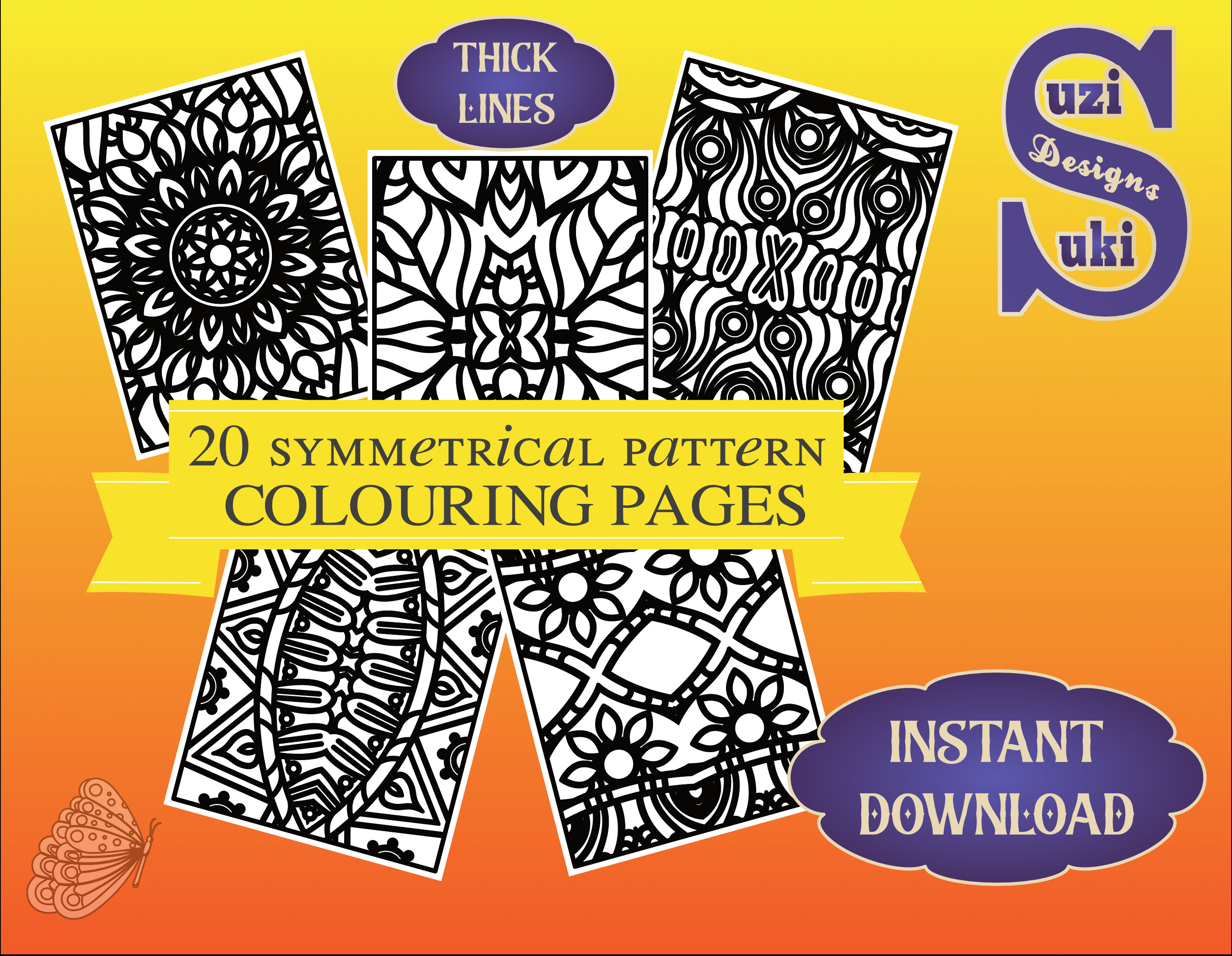 Easy symmetrical pattern coloring pagesthick lines visually impaired beginner pdf digital download