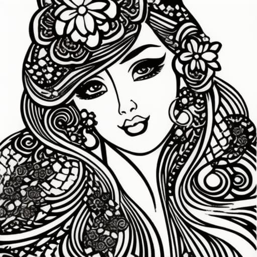 Beautiful anime girl thick black ink lines coloring book coloring page black and white thick lines line art high definition intricat