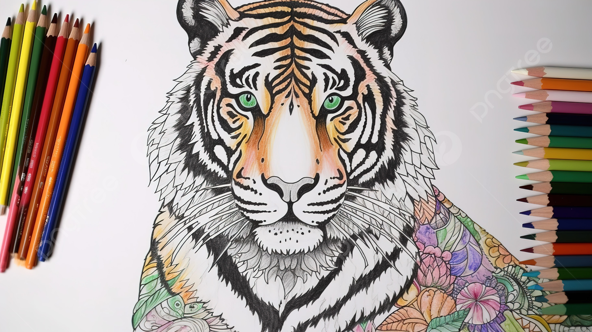 Adult coloring pages a tiger with colored pencils next to him background picture of tigers to color background image and wallpaper for free download