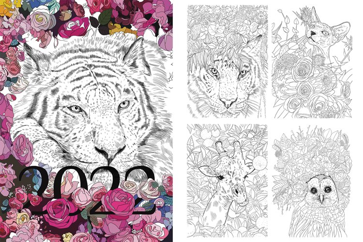 Coloring pages tiger and other animals and plants