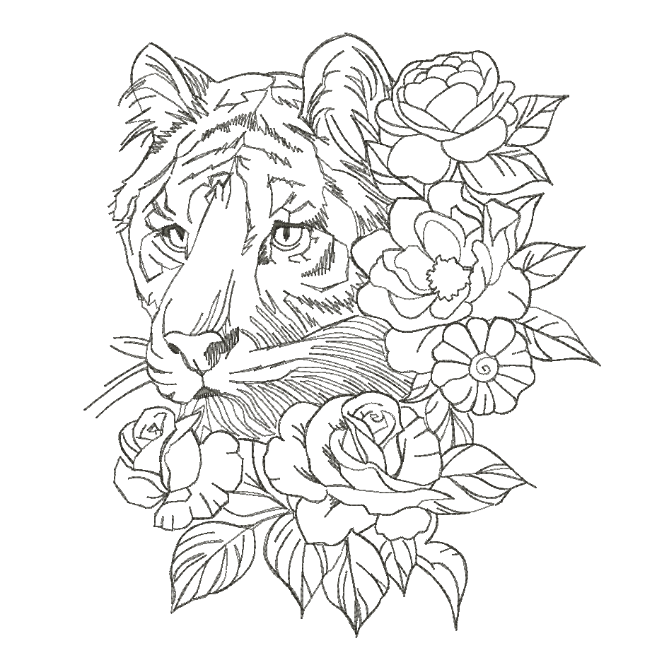 Tiger with flowers machine embroidery design