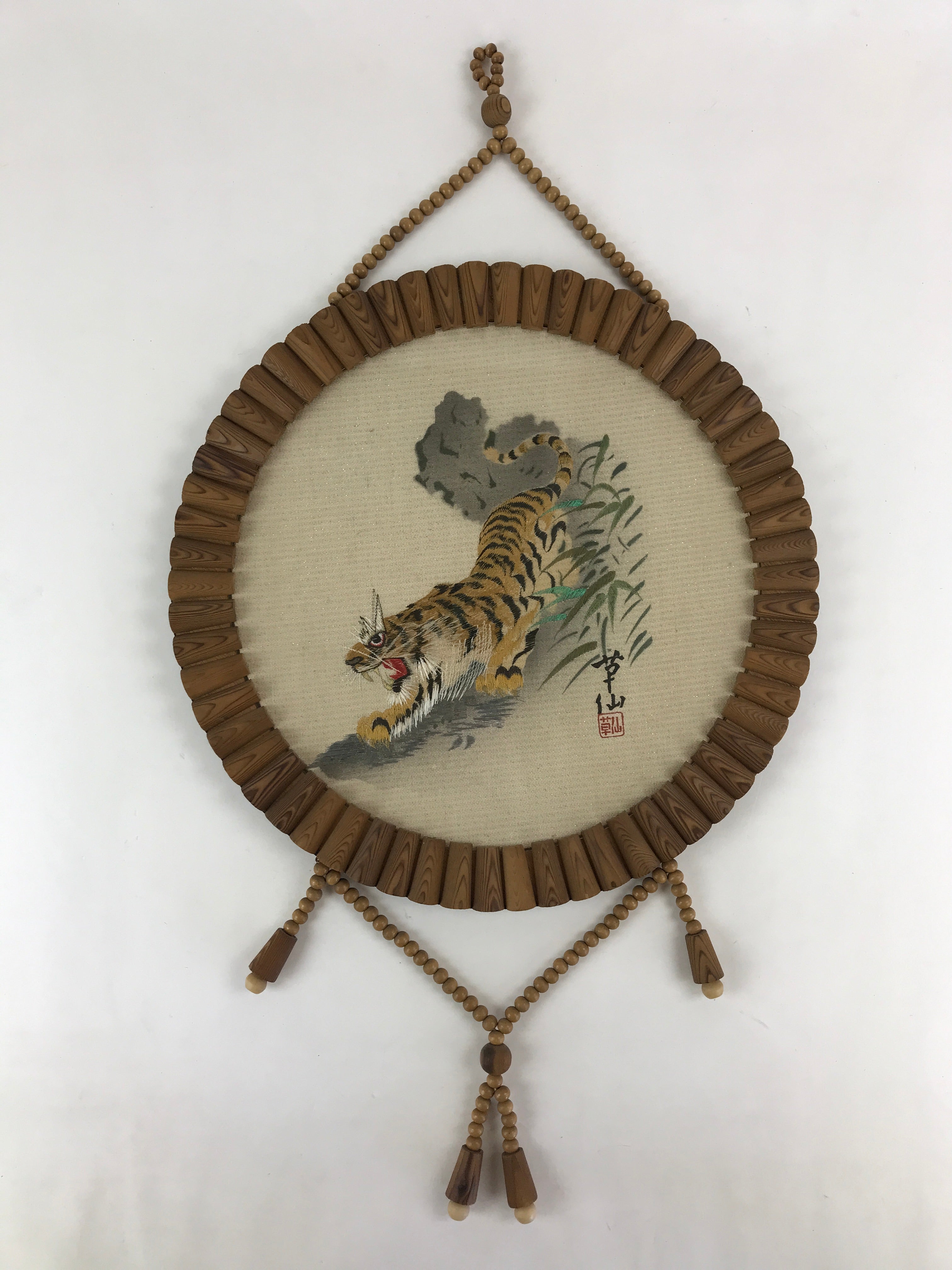 Japanese wooden framed chinese silk brocade tiger art vtg hand embroid online shop authentic japan antiques
