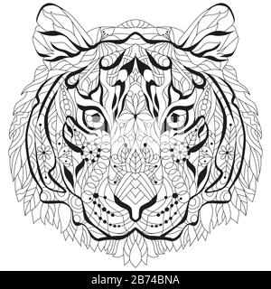 Tiger head adult antistress coloring page colored hand drawn doodle animal ethnic patterned vector african indian totem tribal zentangle design stock vector image art