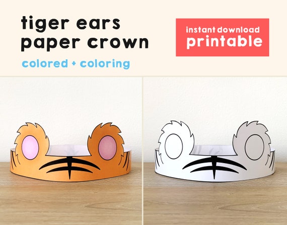 Tiger ears paper crown party coloring printable kids craft safari jungle cat costume birthday printable favor costume diy instant download