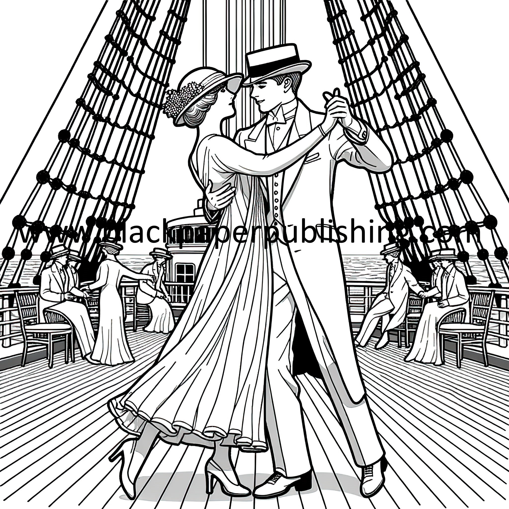 Elegant titanic inspired deck dancers coloring page vintage romance adult coloring digital download