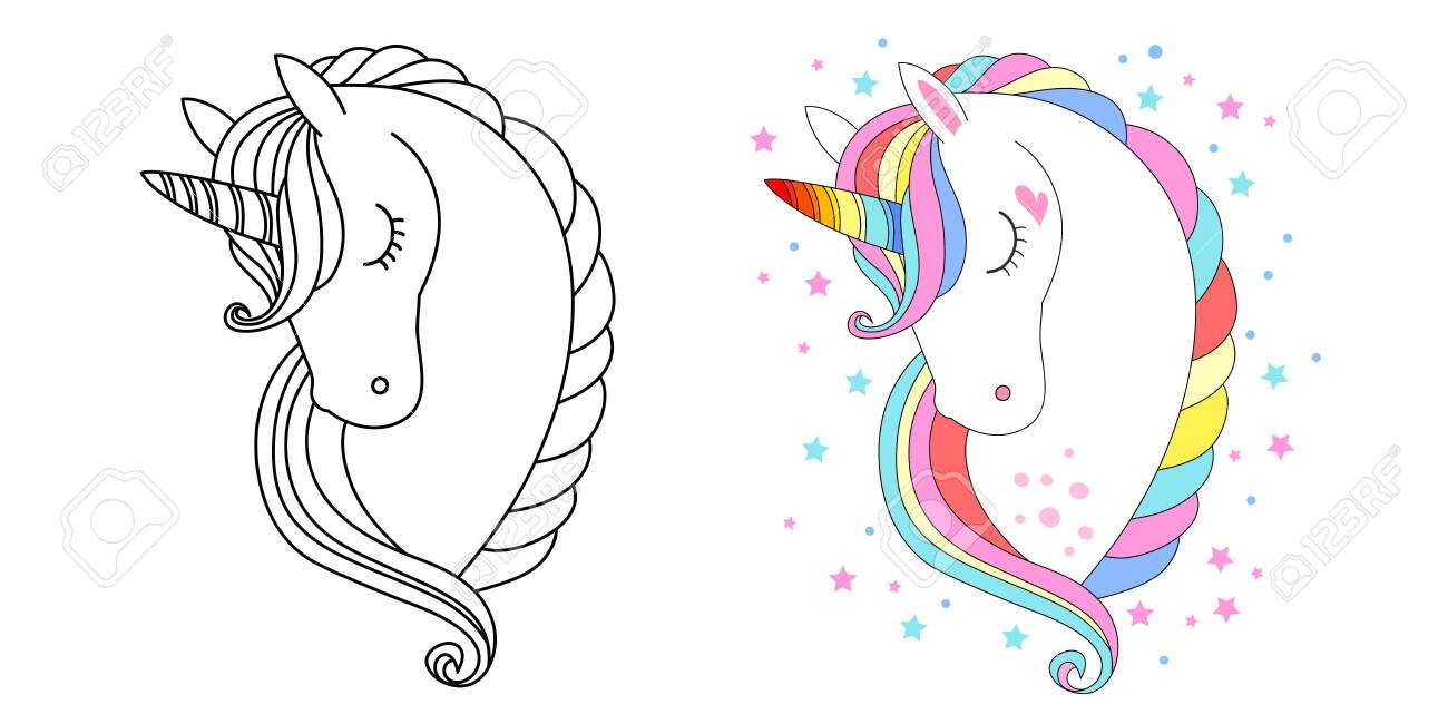 Cute unicorn face vector illustration for coloring book white unicorn with rainbow hair set of colored an outline versions royalty free svg cliparts vectors and stock illustration image