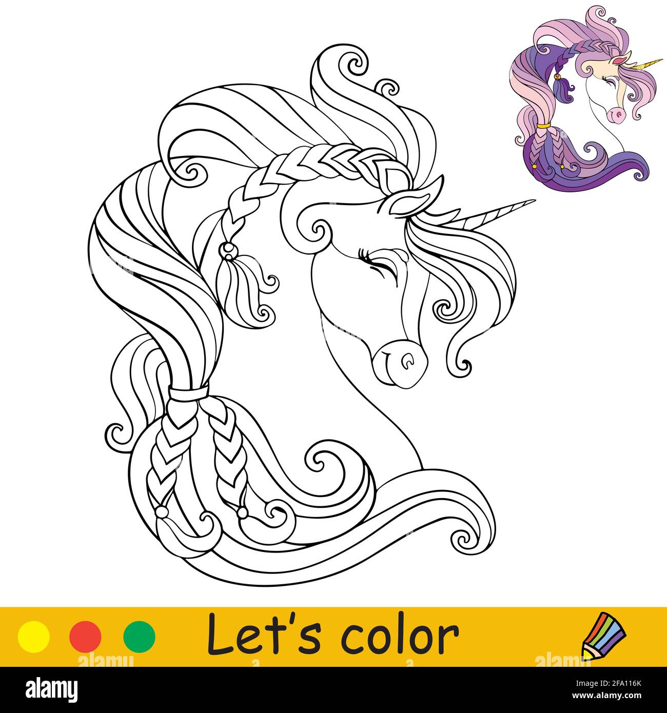 Cute head of unicorn in profile coloring book page with colorful template vector cartoon isolated illustration for coloring book education print stock vector image art