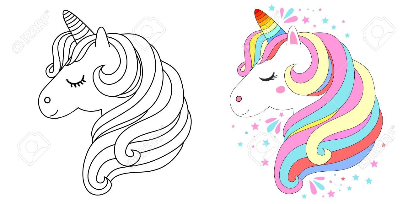 Cute unicorn face vector illustration for coloring book white unicorn with rainbow hair set of colored an outline versions royalty free svg cliparts vectors and stock illustration image