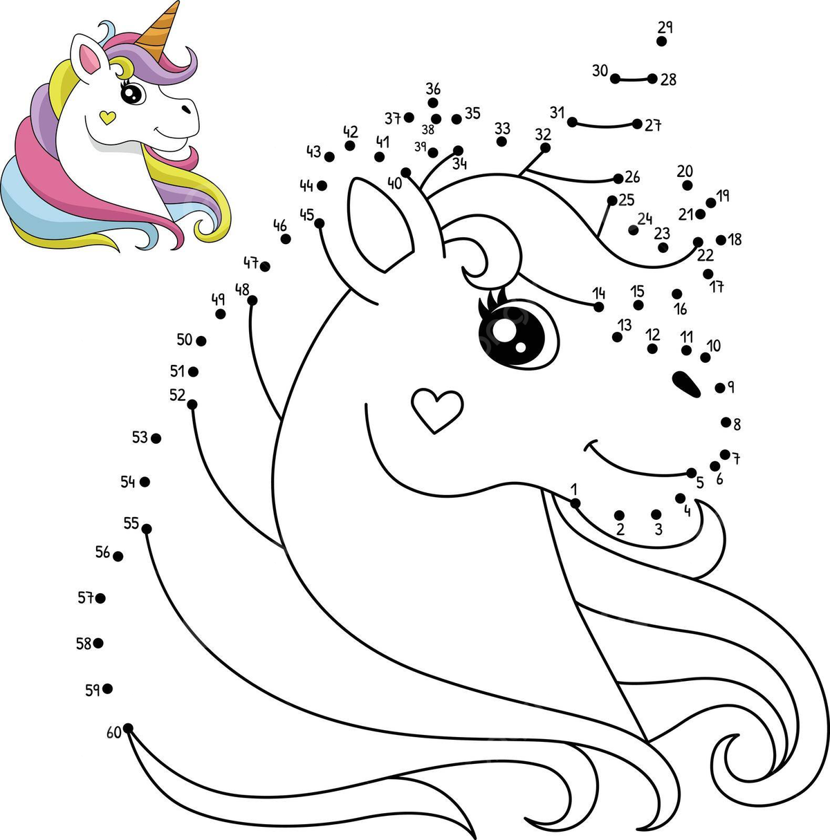 Isolated coloring page of unicorn head with dottodot pattern vector unicorn illustration outline png and vector with transparent background for free download