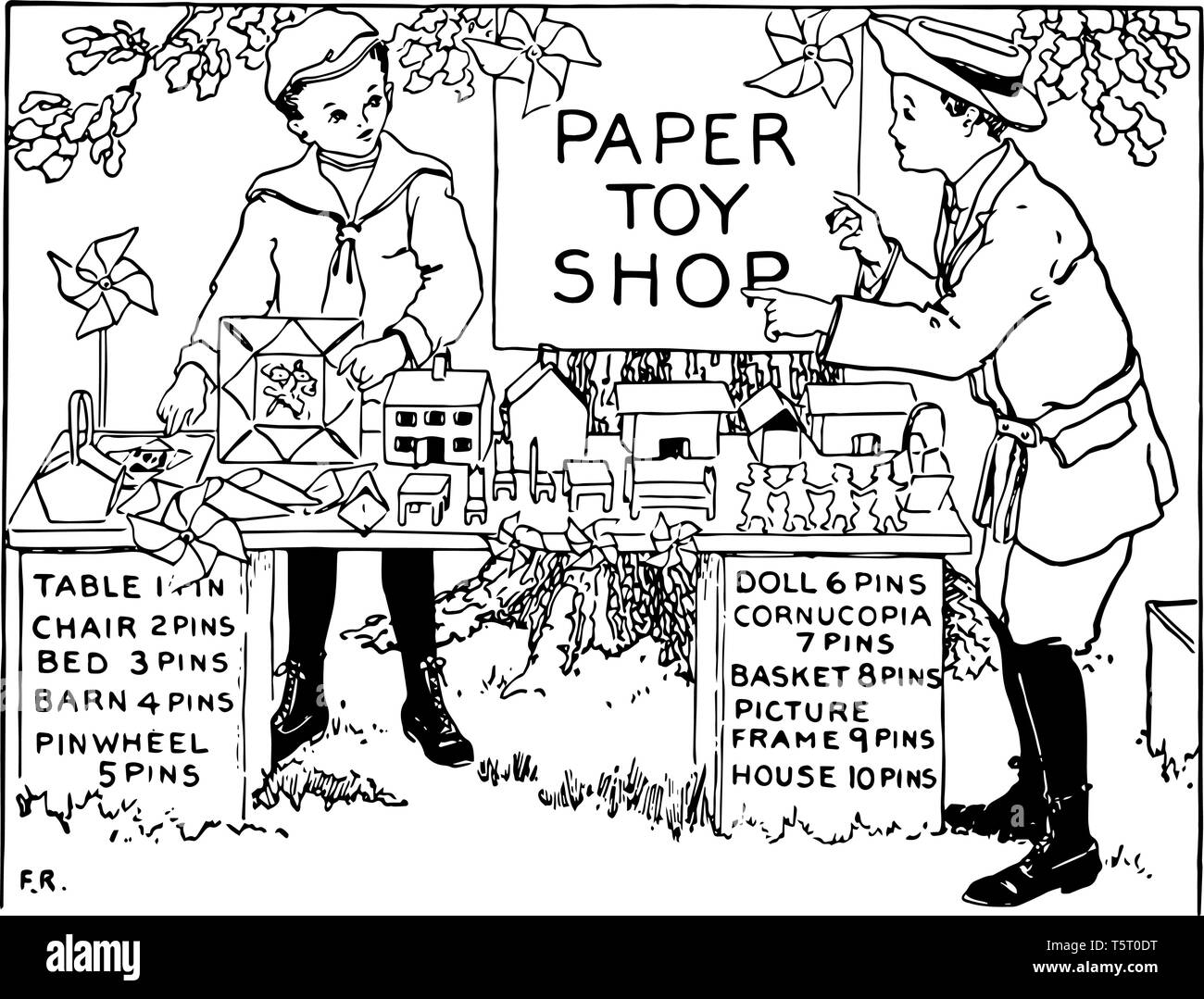 A seller sale his toys made up of paper and a child buying his toys vintage line drawing or engraving illustration stock vector image art