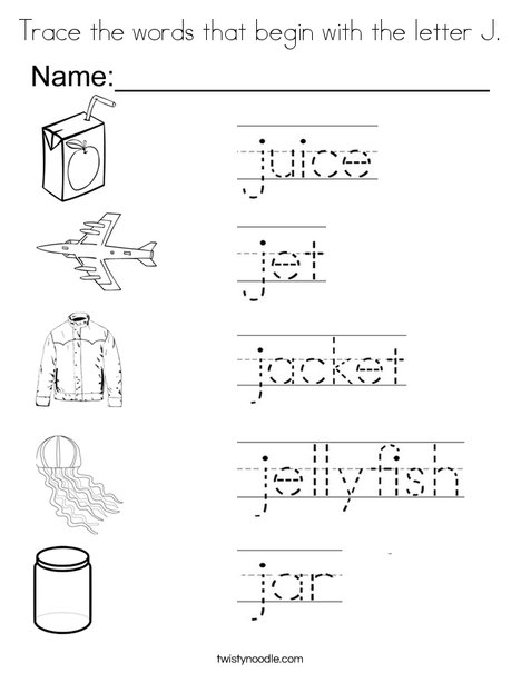 Trace the words that begin with the letter j coloring page