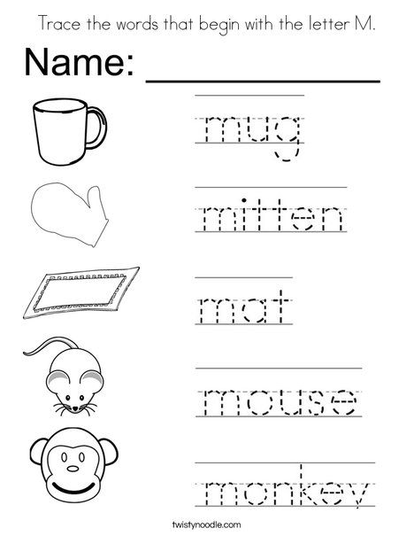 Trace the words that begin with the letter m coloring page