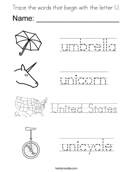Trace the words that begin with the letter u coloring page