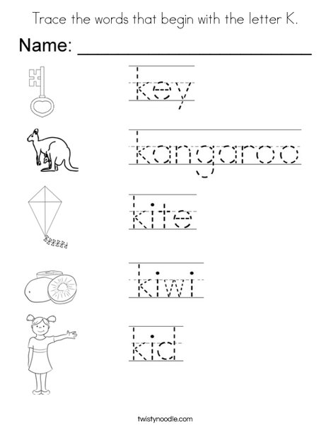 Trace the words that begin with the letter k coloring page