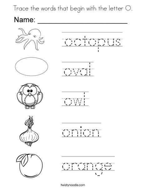 Trace the words that begin with the letter o coloring page