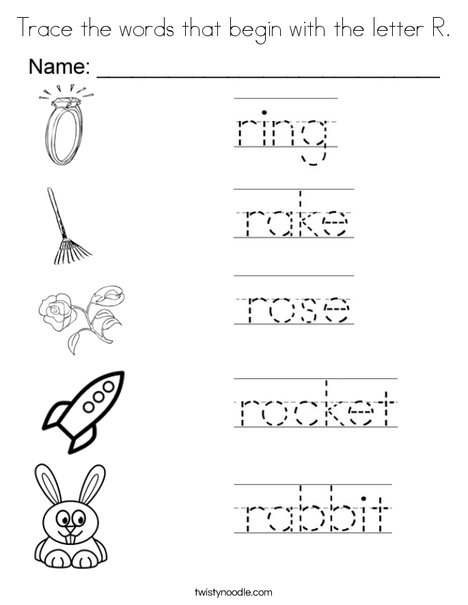 Trace the words that begin with the letter r coloring page