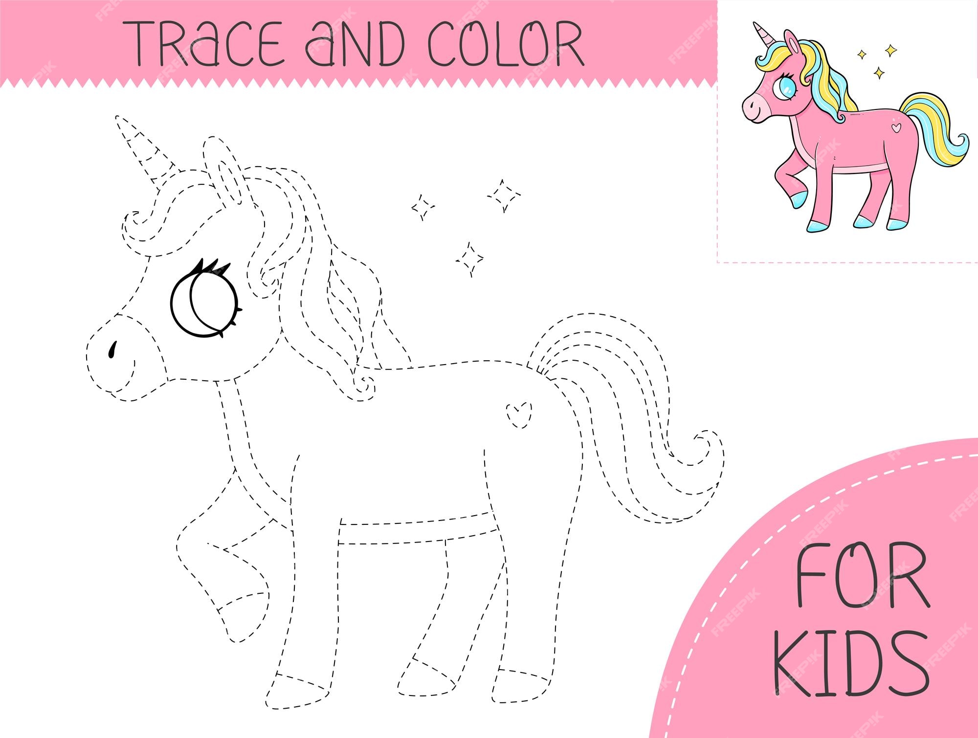Premium vector trace and color coloring book with cute unicorn for kids coloring page with cartoon unicorn