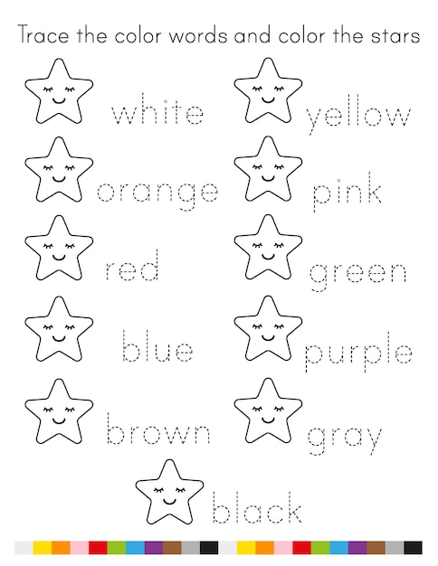 Premium vector trace and color worksheets color words tracing and stars coloring page for preschool and kinder
