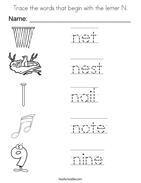 Trace the words that begin with the letter n coloring page