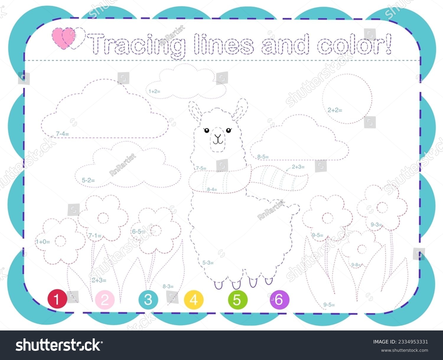 Trace line color worksheet kids basic stock vector royalty free