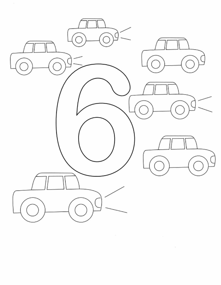 Number six and six cars coloring page