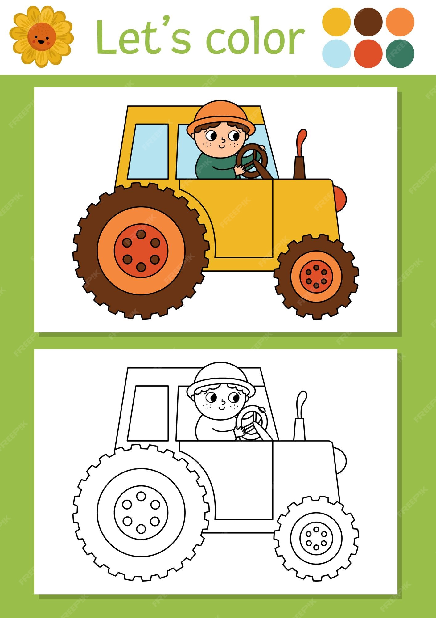 Premium vector on the farm coloring page for children with farmer driving tractor vector rural country outline illustration color book for kids with colored example drawing skills printable worksheetxa