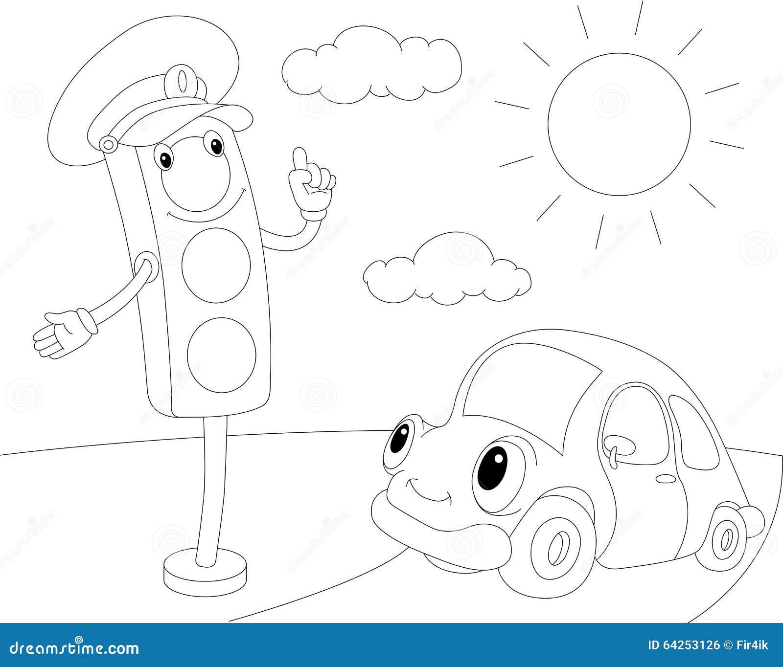 Cartoon car and traffic lights coloring book for kids stock vector