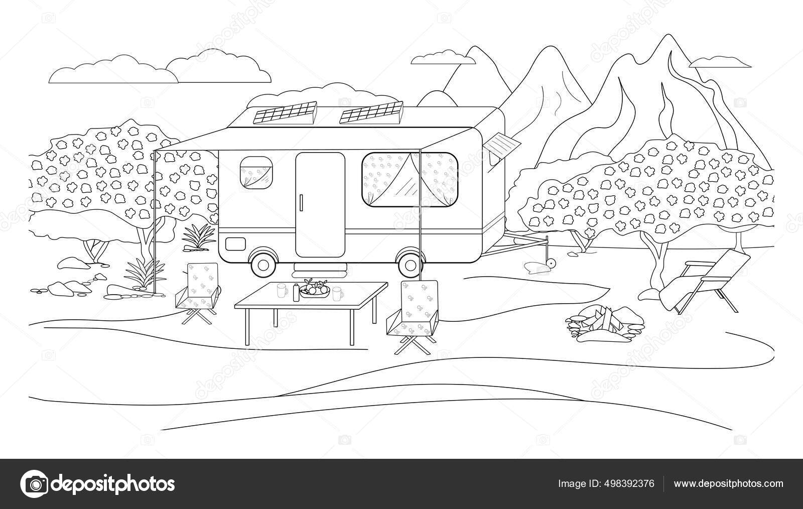 Residential trailer trailer coloring book family travel illustration parking lot stock vector by mariabelyakova