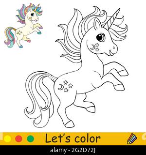 Cartoon cute and funny jumping unicorn coloring book page with colorful template for kids vector isolated illustration for coloring book print ga stock vector image art