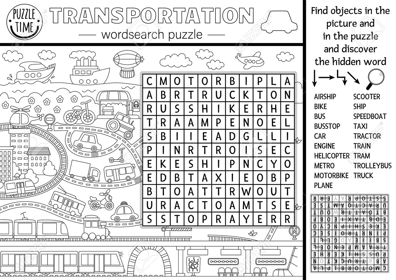 Vector transportation wordsearch black and white puzzle for kids simple line word search quiz with city landscape educational activity with plane ship car bus train cross word coloring page royalty free svg