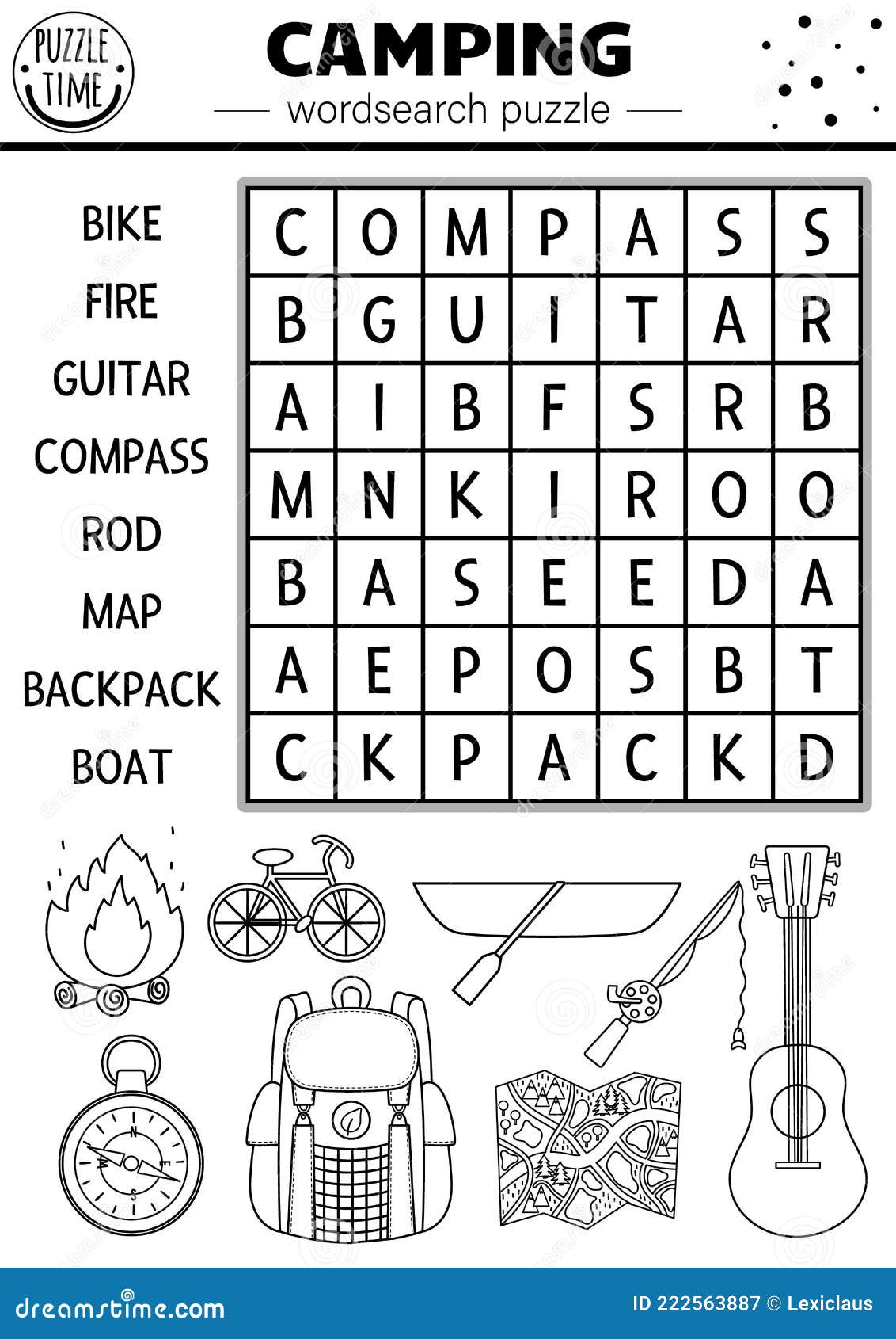 Vector black and white camping wordsearch puzzle simple forest summer camp outline crossword or coloring page stock vector