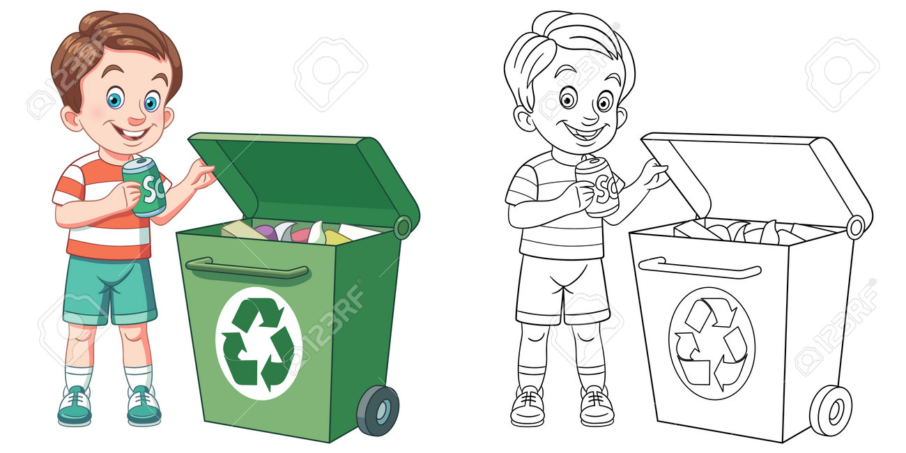 Coloring page with boy sorting garbage line art drawing for kids activity coloring book colorful clip art vector illustration royalty free svg cliparts vectors and stock illustration image