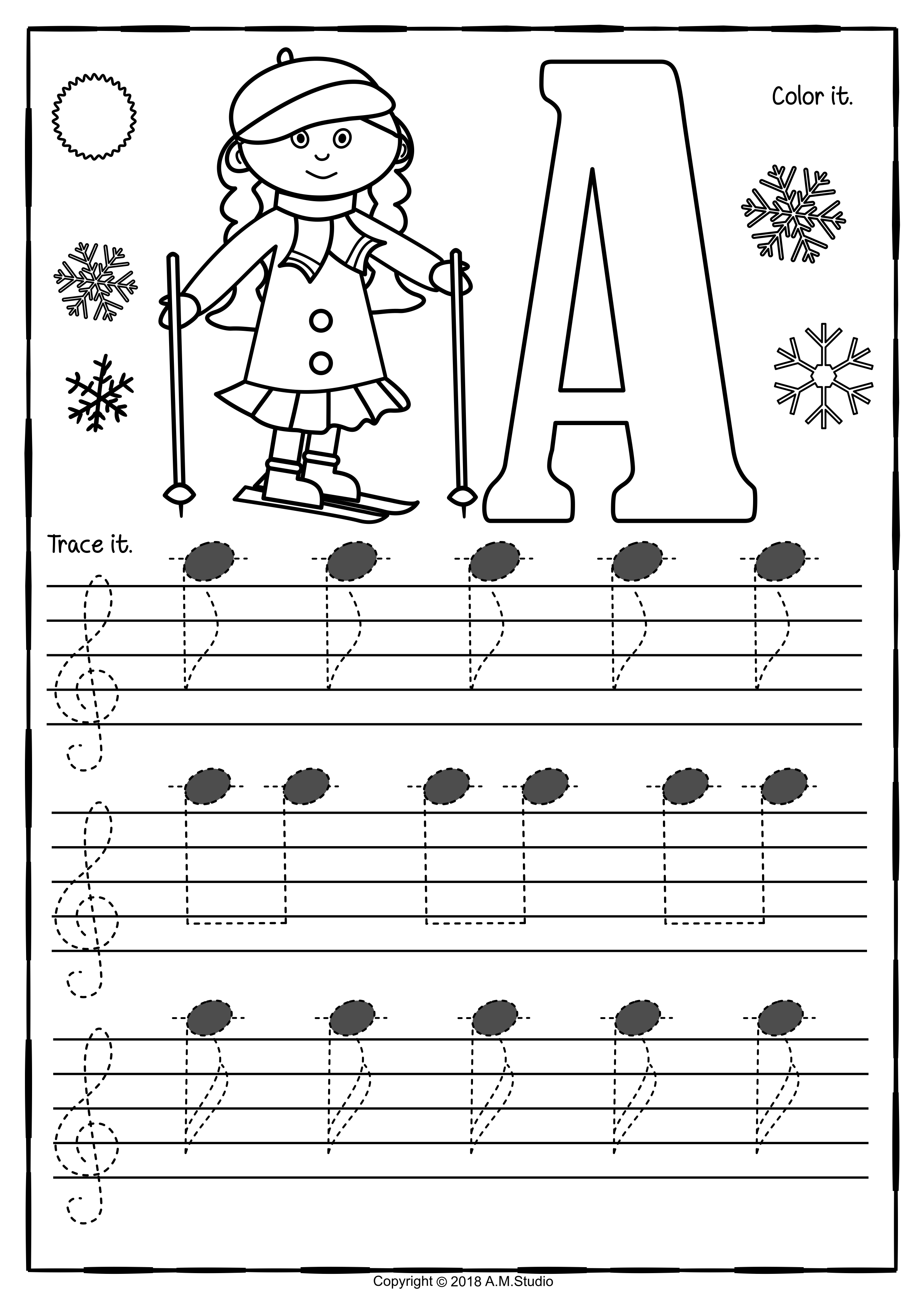 Treble clef tracing music notes worksheets for winter