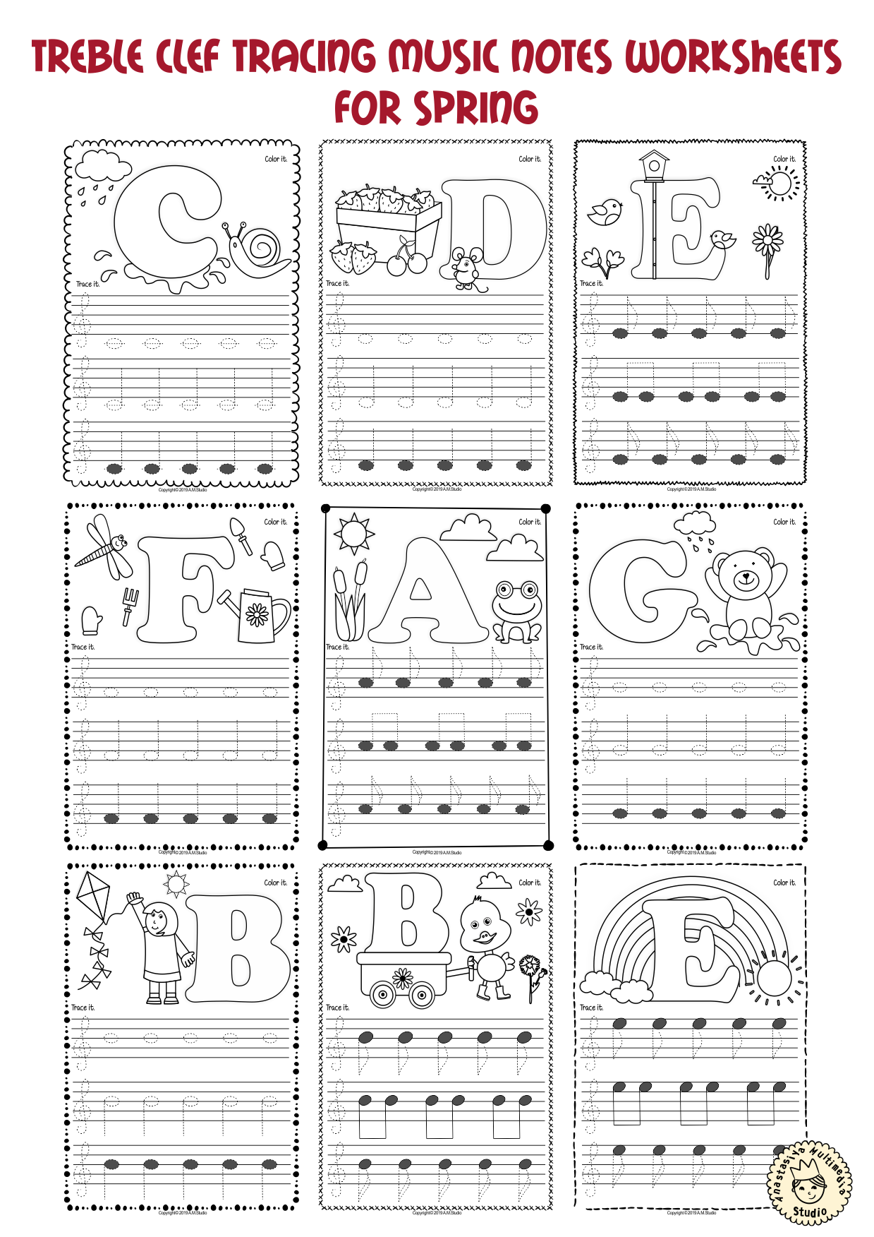Treble clef tracing music notes worksheets for spring â