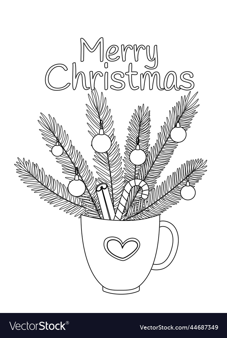 Cup of fir tree branches coloring page black vector image