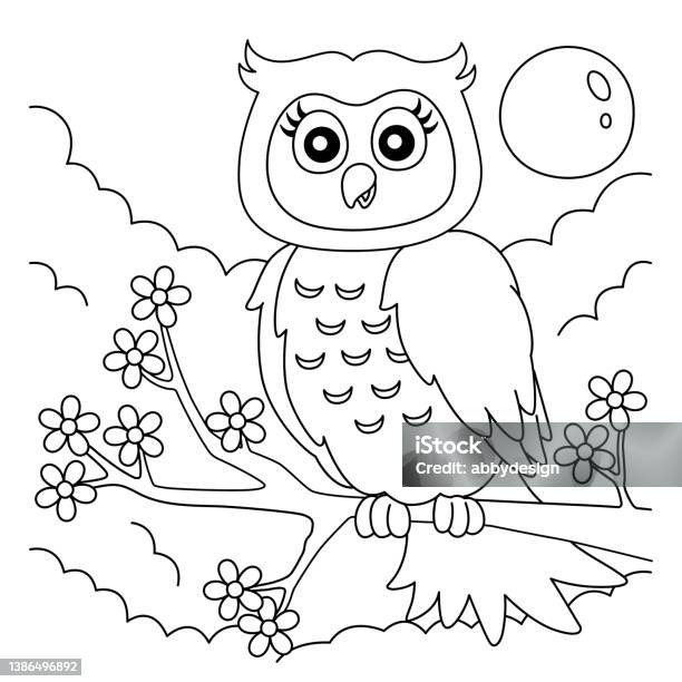Owl on a tree branch coloring page for kids stock illustration
