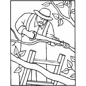 Gardener sawing tree branches coloring page