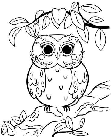 Printable coloring page outline of cute cartoon owl on a tree branch vector image with nature background coloring book of forest wild animals for kids