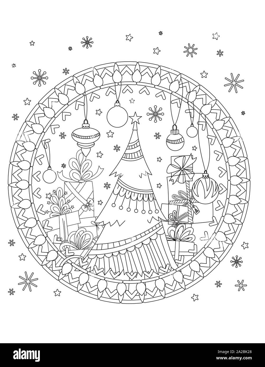 Christmas coloring page adult coloring book christmas tree decoration gift boxes ribbons balls and snowflakes hand drawn outline vector illustration stock vector image art