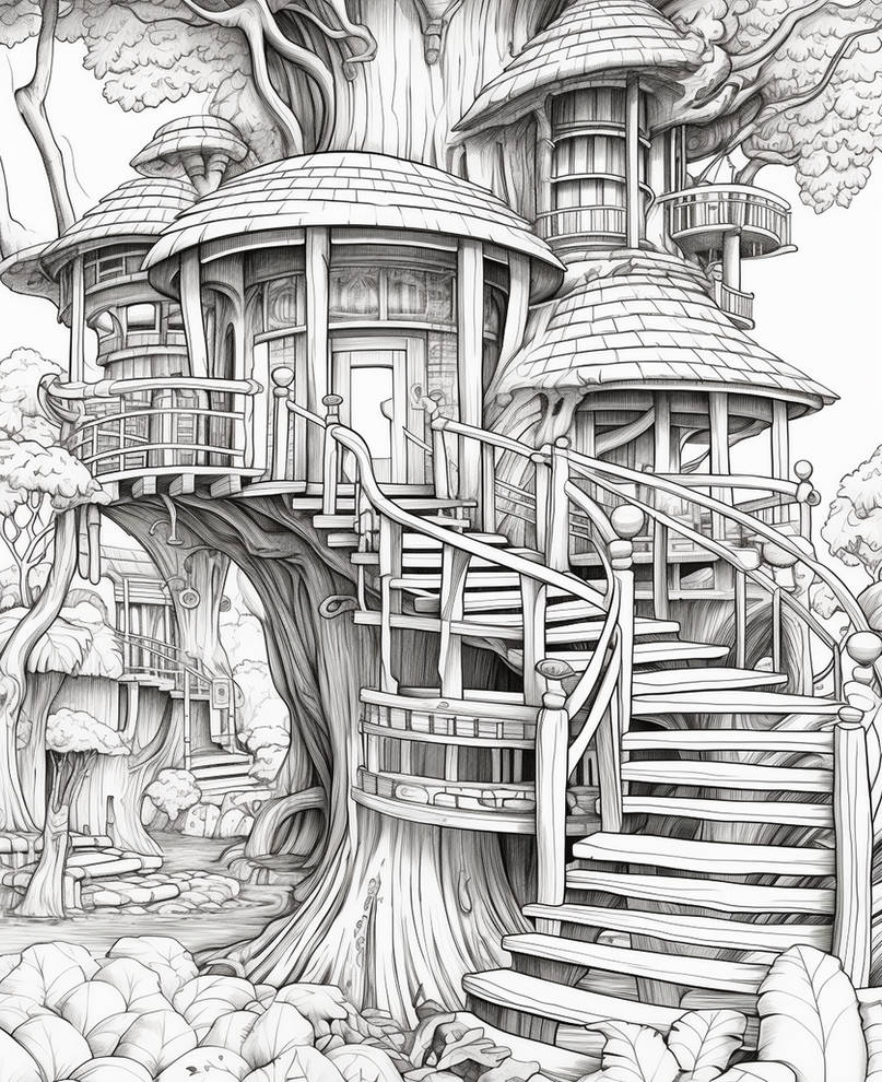 Treehouses in the bamboo jungle coloring pages by coloringbooksart on
