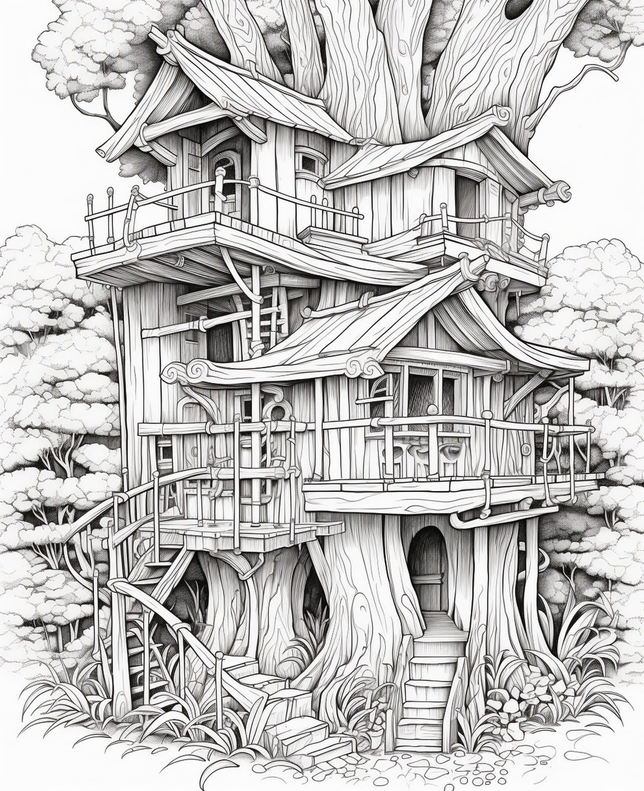 Treehouses in the bamboo jungle coloring pages by coloringbooksart on
