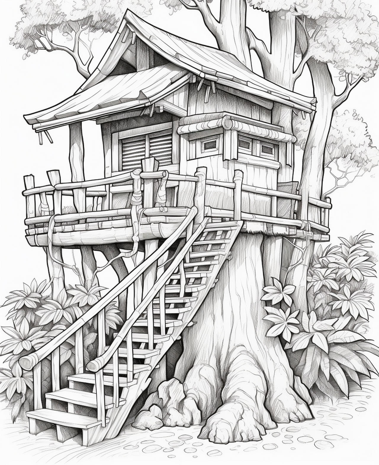 Treehouses in the bamboo jungle coloring pages by coloringbooksart on