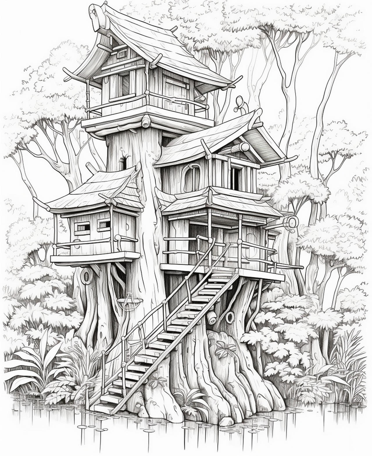 Treehouses in the bamboo jungle coloring pages by coloringbooksart on