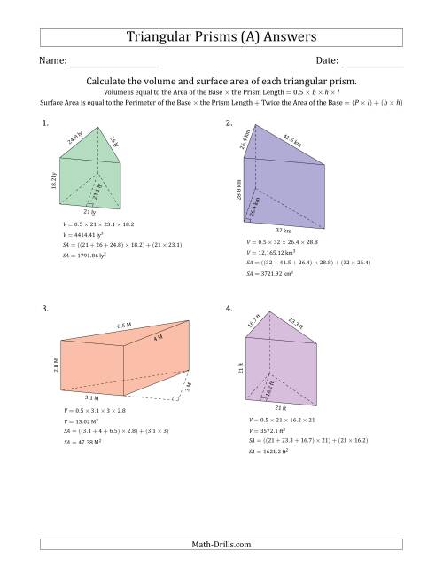 Volume and surface area of triangular prisms a