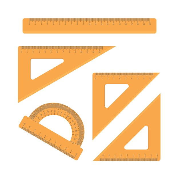 Premium vector a set of school lines in orange color different shapes ruler protractor triangle wooden protractor ruler school stationery vector illustration isolated on white background
