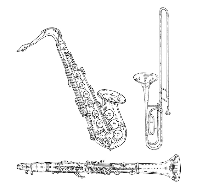 Premium vector trombone saxophone clarinet vector vintage black engraving