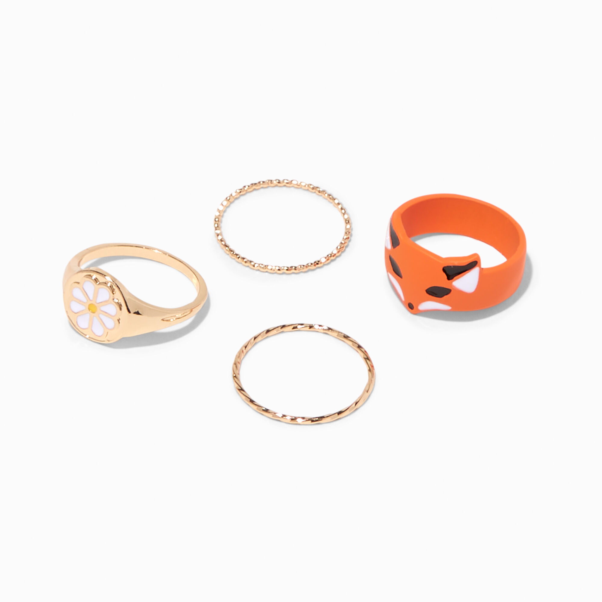 Orange fox white daisy gold woven band ring set